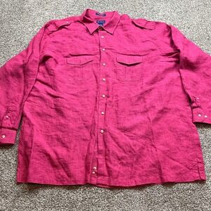 Paul Fredrick Mens 3XLT Pink 100% Linen Long Sleeve Button Up Shirt epaulets